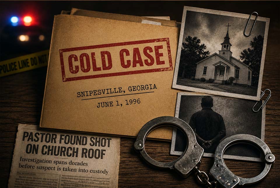 Folder labeled 'COLD CASE' from Snipesville, Georgia, dated June 1, 1996, with photos, police tape, and handcuffs suggesting a crime investigation.