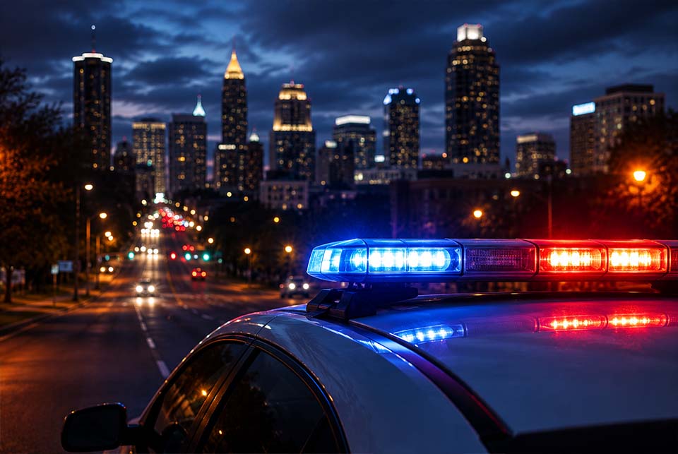 Police car with blue and red siren lights on a city street at night; skyline lit up in the background.