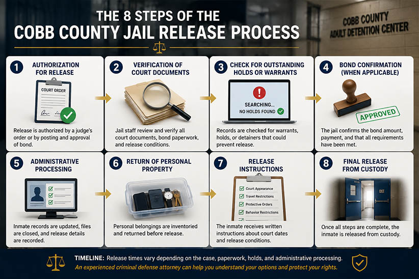 8 Steps of the Cobb County Jail Release Process - Marietta Attorneys Dean Phillips Law Office Infographic showing the 8 steps of the Cobb County Jail release process from bond authorization through final release