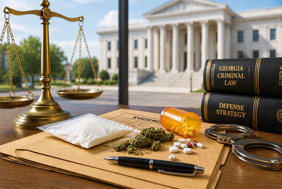Evidence of alleged drug possession displayed on a desk with legal documents and a courthouse in the background