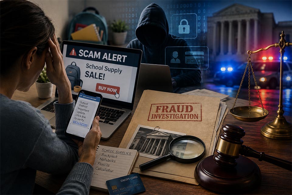 Person viewing an online scam while investigators examine evidence in a Georgia fraud investigation