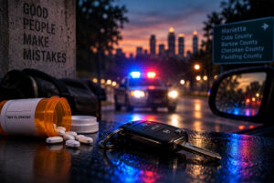 Prescription medication and car keys with police lights during a suspected DUI-drug traffic stop in Georgia
