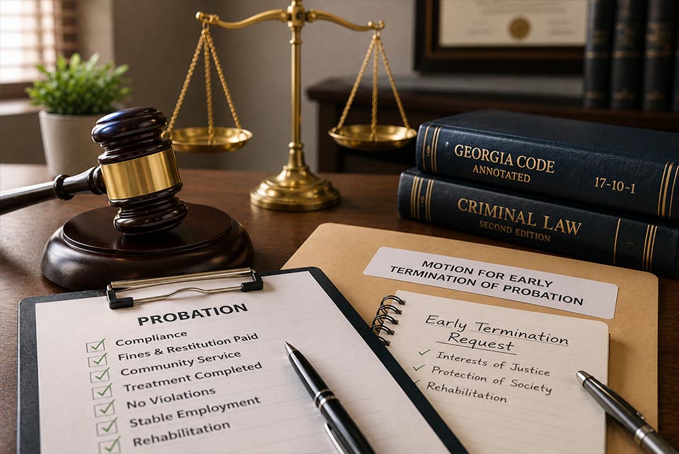Georgia probation early termination request with completed probation requirements and legal documents
