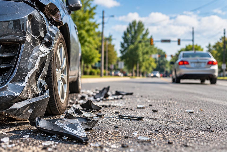 Damaged vehicle with crash debris as another car leaves the scene of a Georgia hit-and-run accident