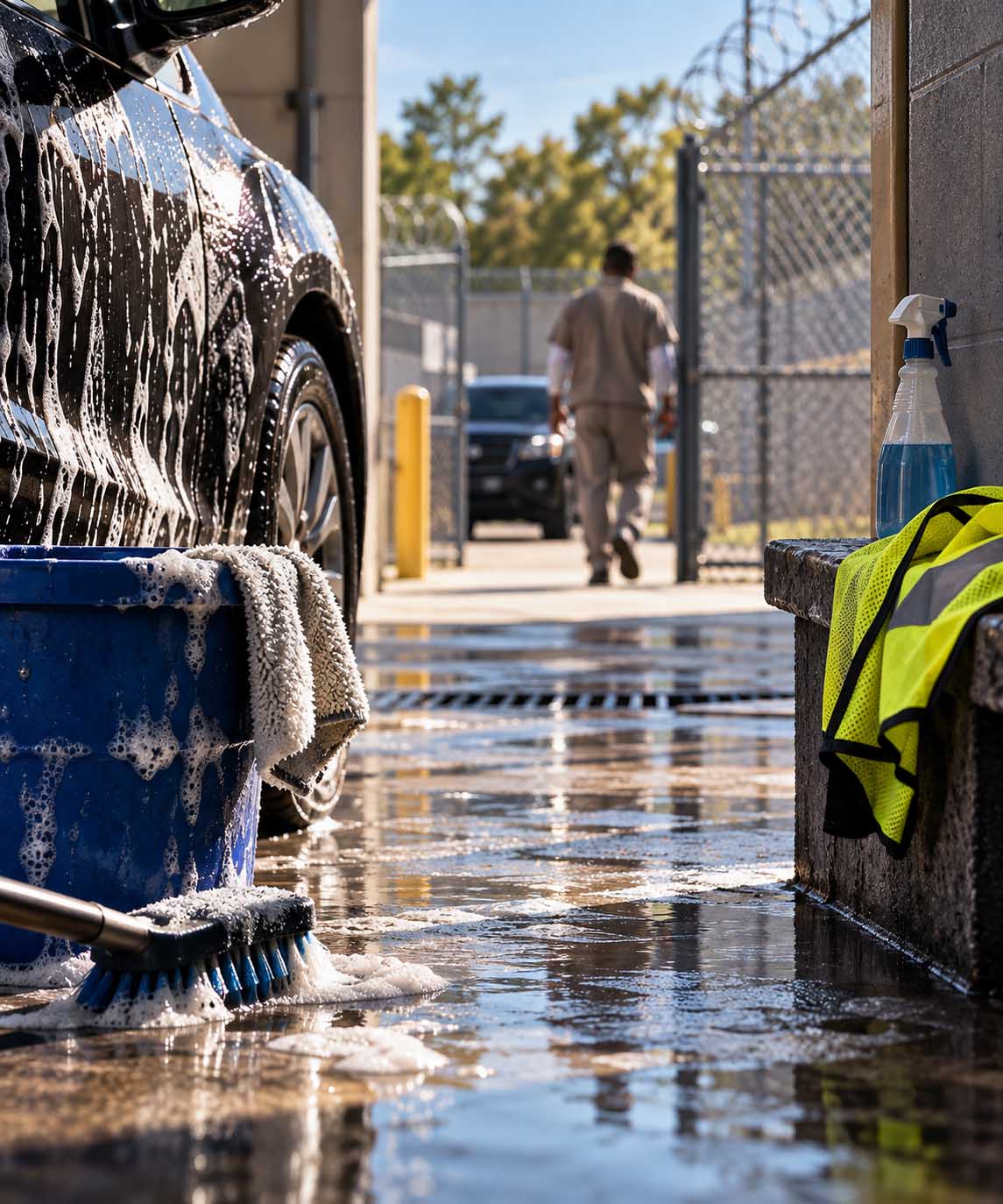 Inmate walking away from a secured car wash work detail area in Georgia