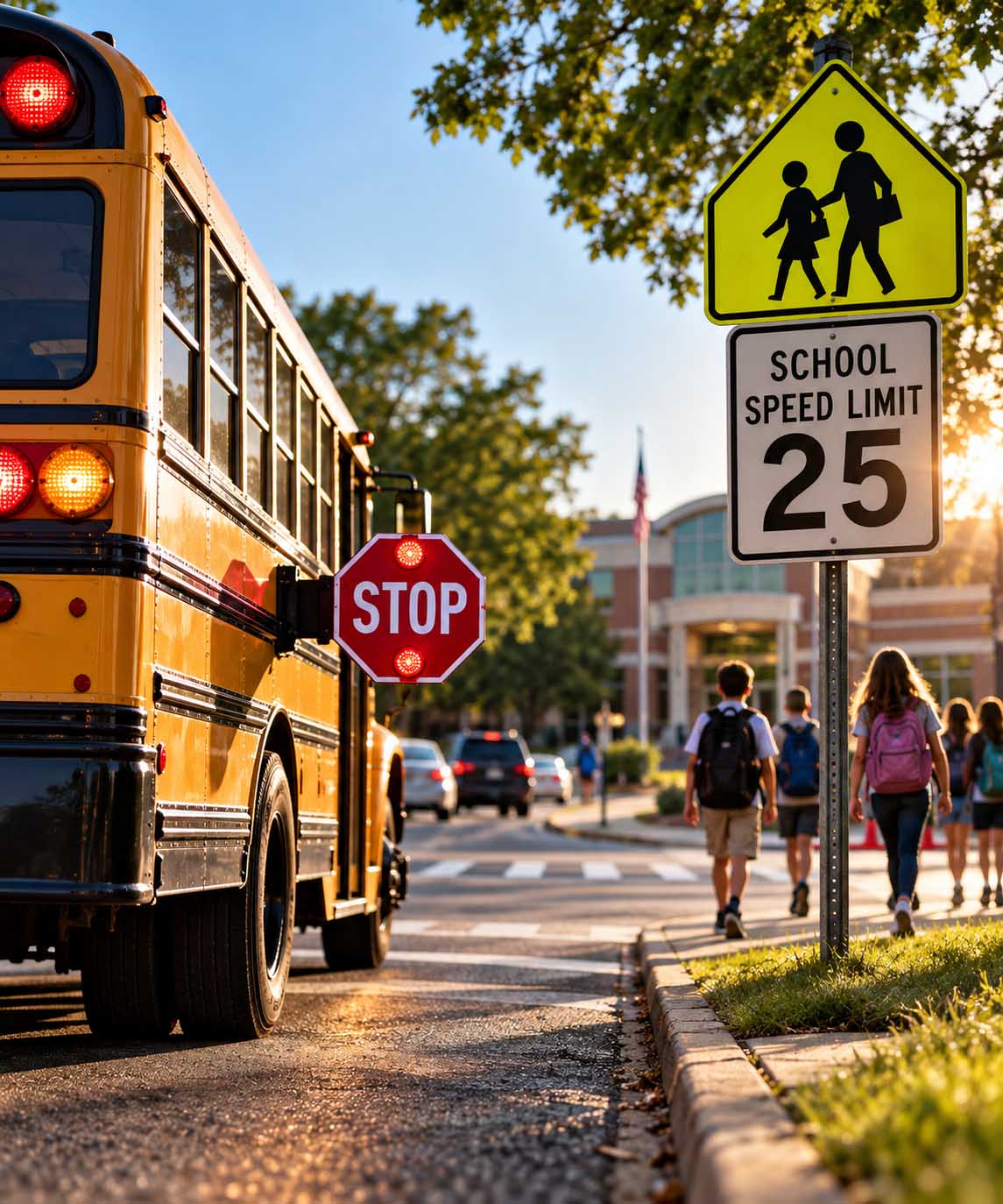 Georgia School Bus and School Zone Traffic Laws - Marietta Attorneys Dean Phillips Law Office School bus with stop arm extended near a Georgia school-zone speed limit sign as students walk toward school