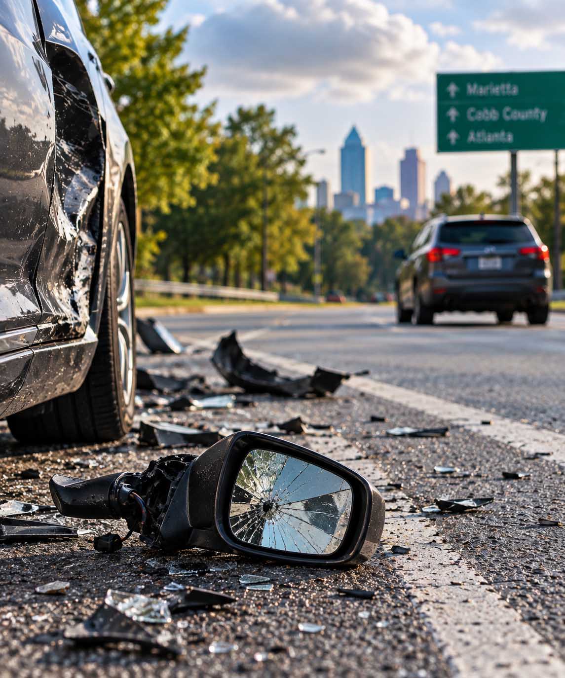 Hit-and-Run Accident in Cobb County - Marietta Attorneys Dean Phillips Law Office Broken side mirror and crash debris on a Georgia roadway after a suspected hit-and-run accident