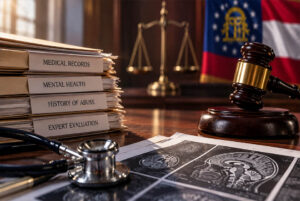 Medical records, mental health evaluations and brain scans beside a judge’s gavel in a Georgia criminal case