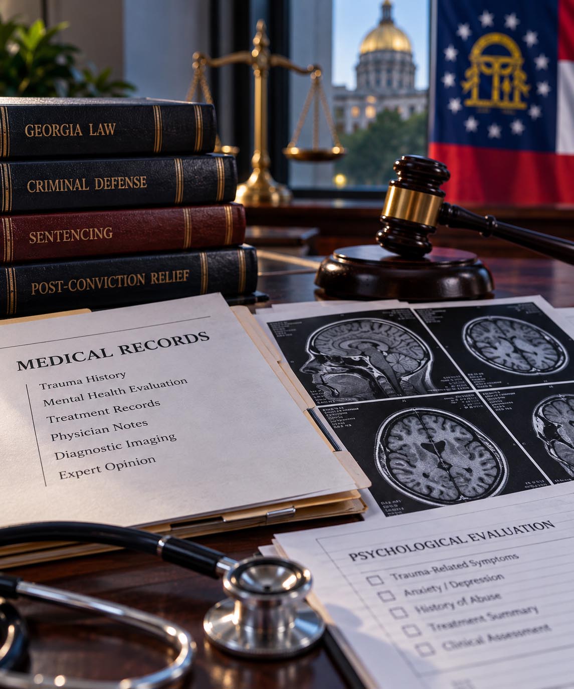 Medical Evidence in Georgia Criminal Sentencing Cases - Marietta Attorneys Dean Phillips Law Office Medical records, psychological evaluation and brain scans beside Georgia criminal law books and a judge’s gavel
