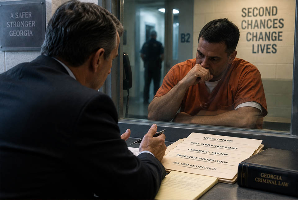 Post-Conviction Relief Options in Georgia - Marietta Attorneys Dean Phillips Law Office Criminal defense attorney discussing Georgia post-conviction relief options with an incarcerated client