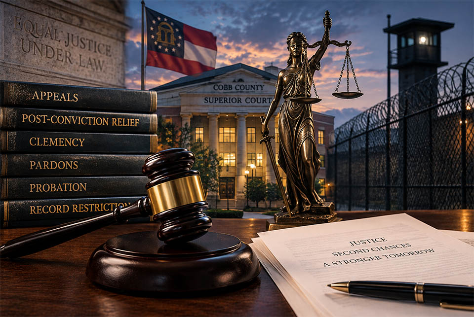 Georgia courthouse, gavel and scales of justice representing post-conviction relief and clemency in Cobb County