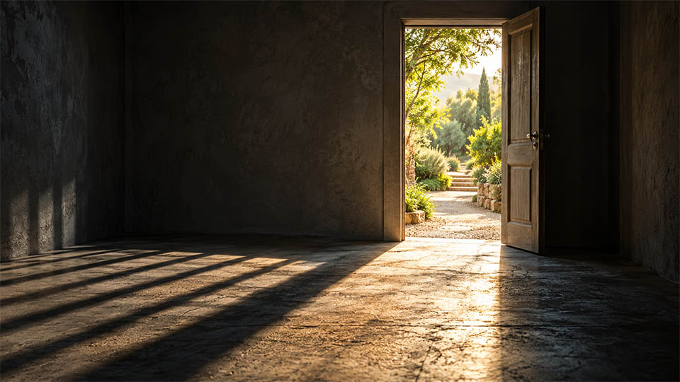 Sunlight streams through an open wooden door into a dark room, revealing a garden path outside.