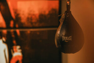 Boxing speed bag hanging in a gym, illustrating the concept of battery in an article about Georgia domestic battery laws