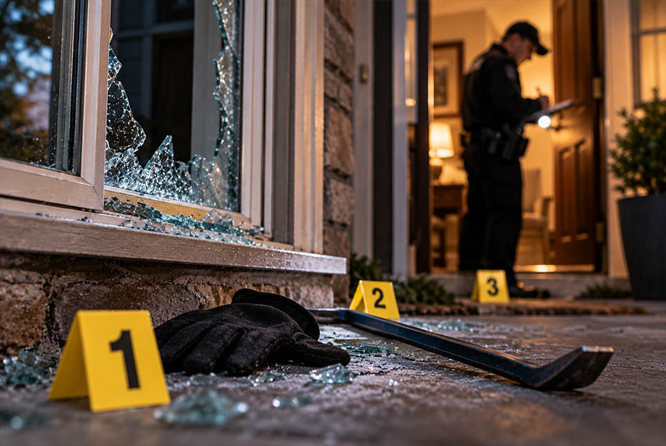 Broken window, crowbar and evidence markers at a residential burglary scene in Georgia