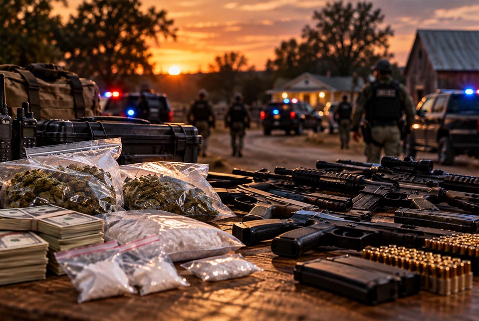 Drugs, firearms and cash seized during a multi-agency law enforcement investigation in rural Georgia