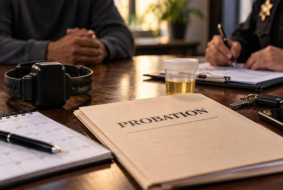 Probation paperwork, ankle monitor and drug testing materials during a Georgia probation supervision meeting