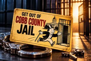 Getting Out of Cobb County Jail - Marietta Attorneys Dean Phillips Law Office Monopoly-inspired Get Out of Cobb County Jail card beside handcuffs and keys, representing jail release and bail bonds in Georgia