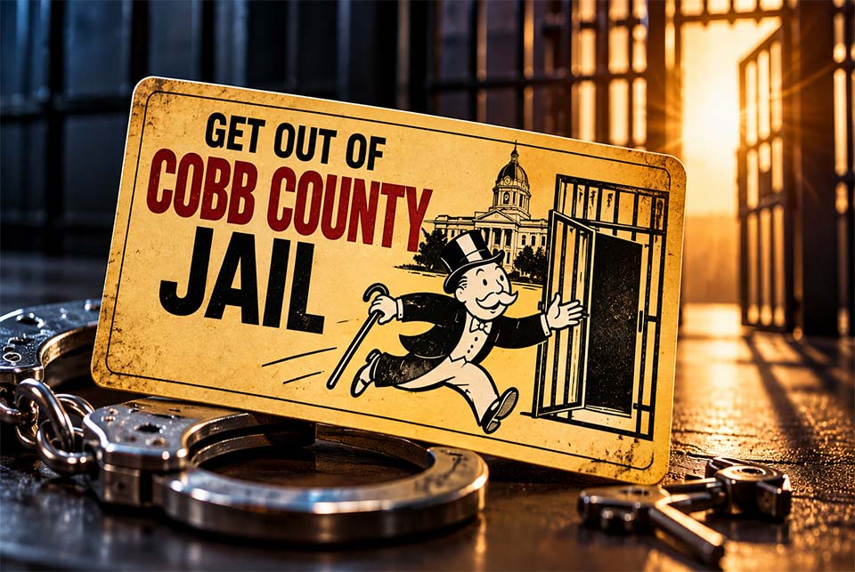 Monopoly-inspired Get Out of Cobb County Jail card beside handcuffs and keys, representing jail release and bail bonds in Georgia