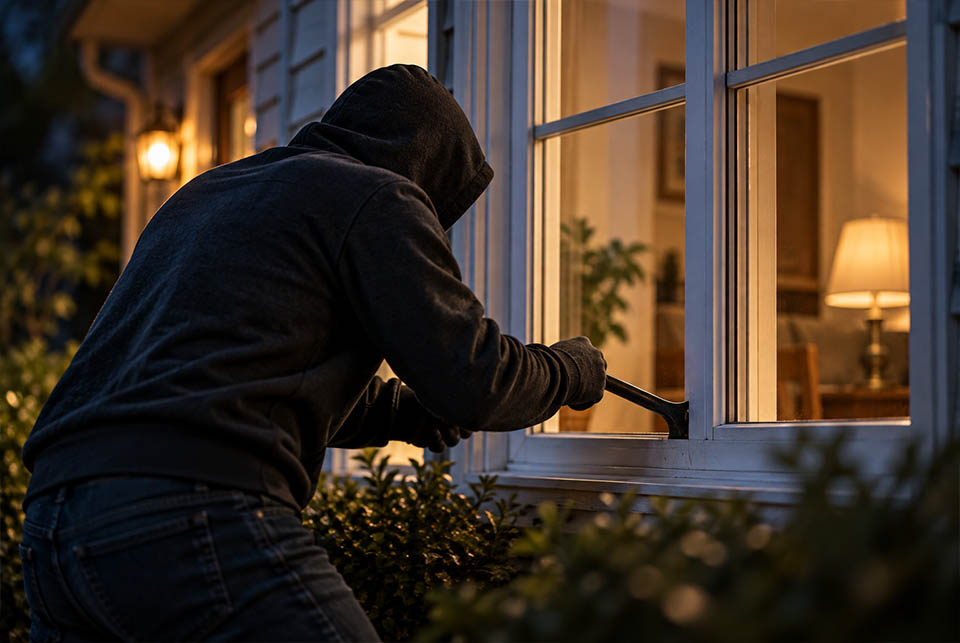 Hooded person attempting to enter a home through a window, representing first-degree burglary charges in Georgia