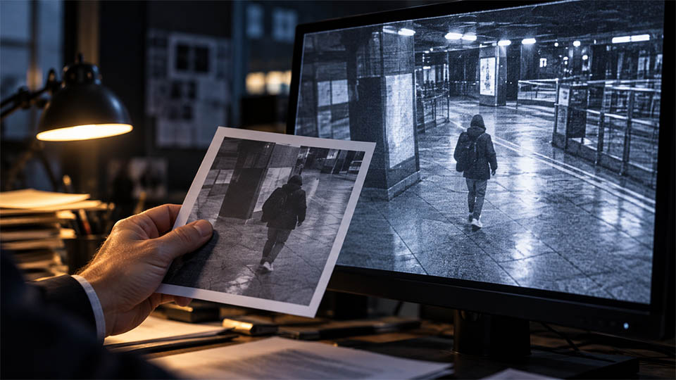 A person compares a printed surveillance image with footage of someone walking through a transit station.