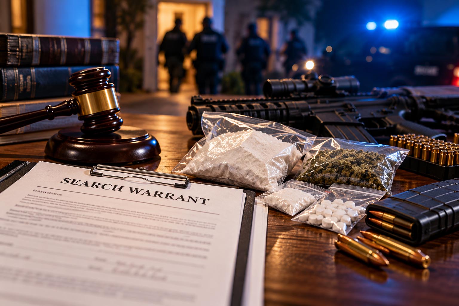 Georgia search warrant beside suspected drugs and firearms during a law enforcement investigation